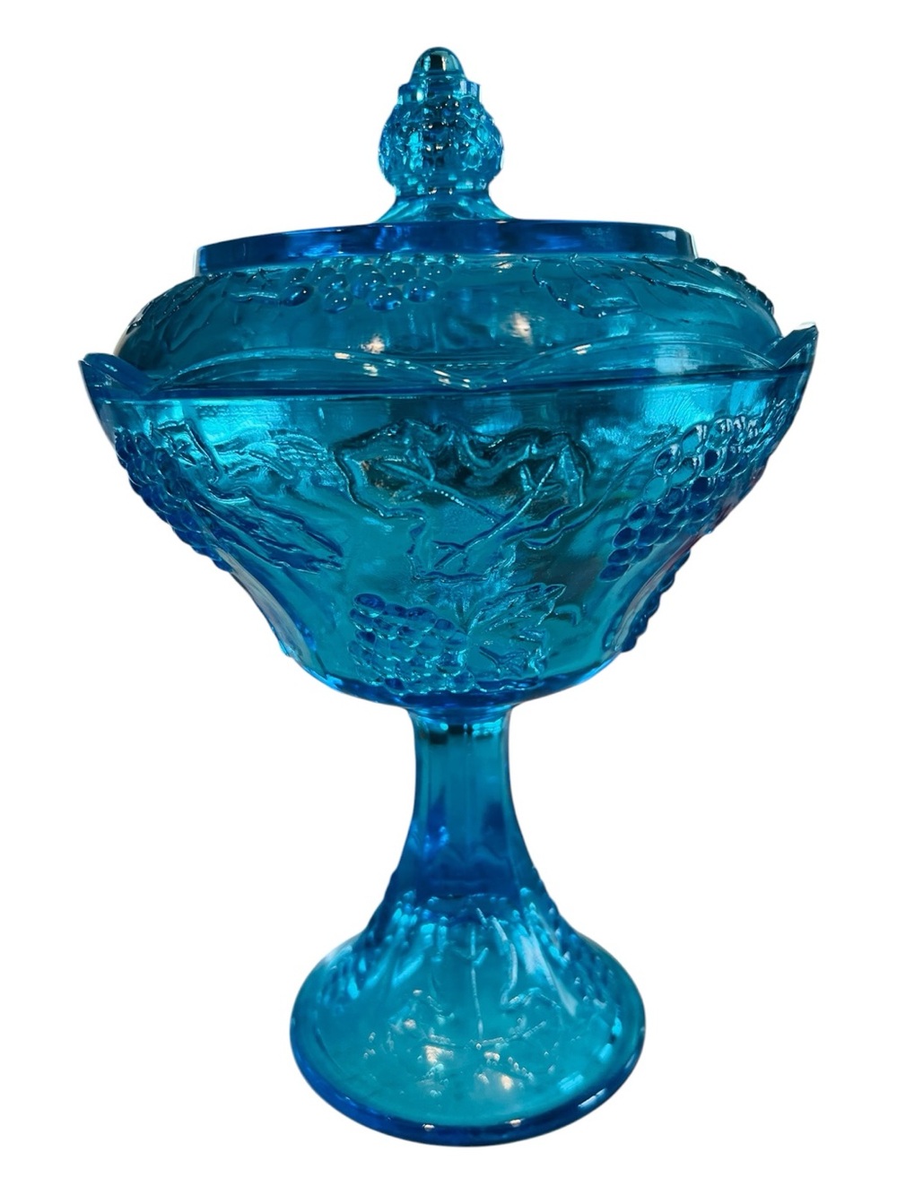 Vintage Indiana Glass Harvest Grape Capri Blue Covered Pedestal Compote 10.5”